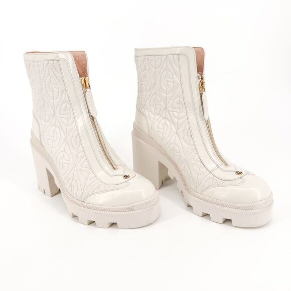 Gucci Trip Zip Front Combat Boots EU 38 US 8 White Quilted Rhombus Block Heel - Picture 1 of 13